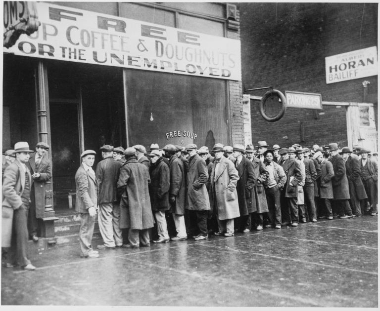 Men queueing for free soup during the Great Depression